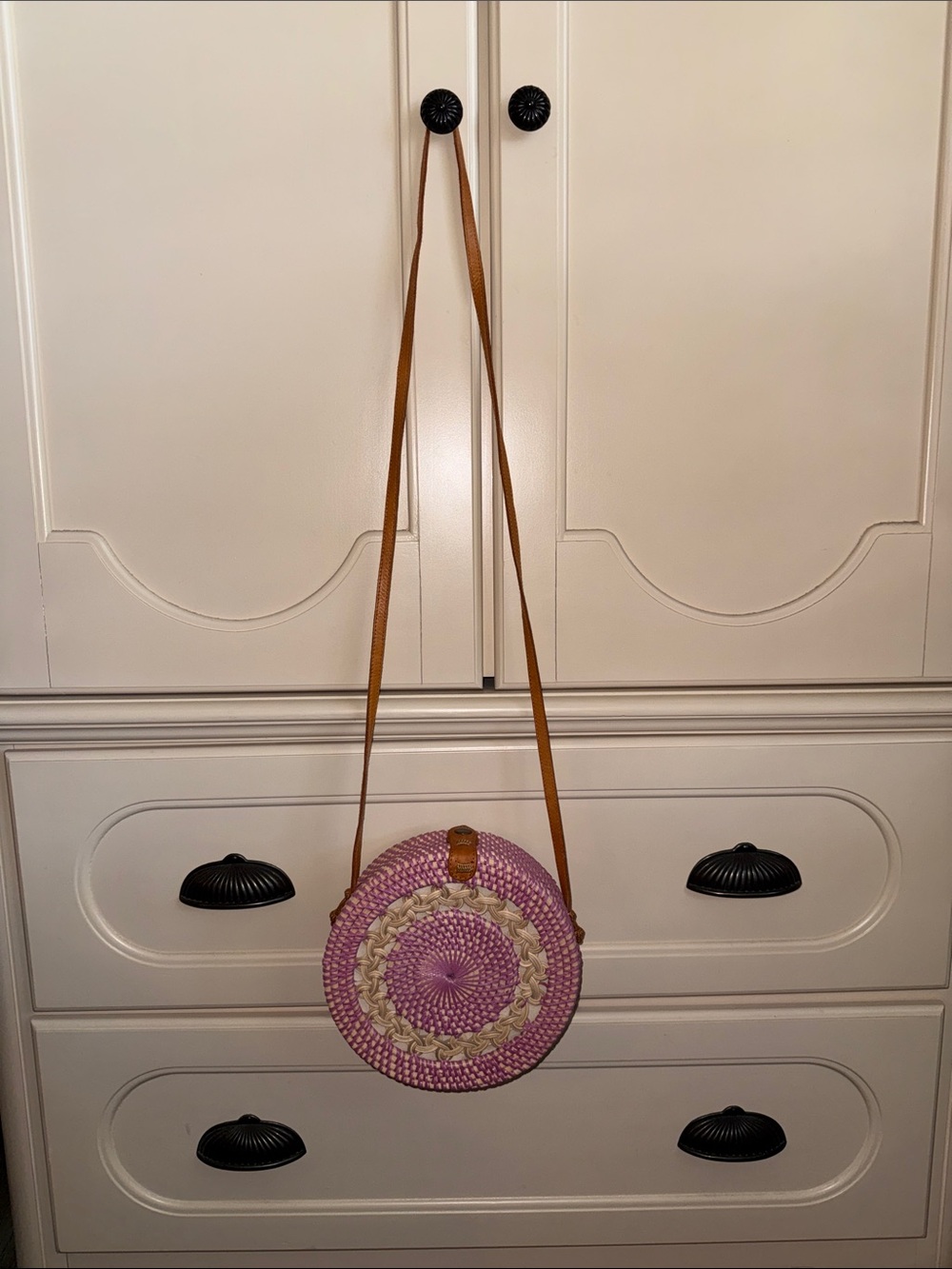 Round Pink Woven Crossbody Bag with Tan Strap
